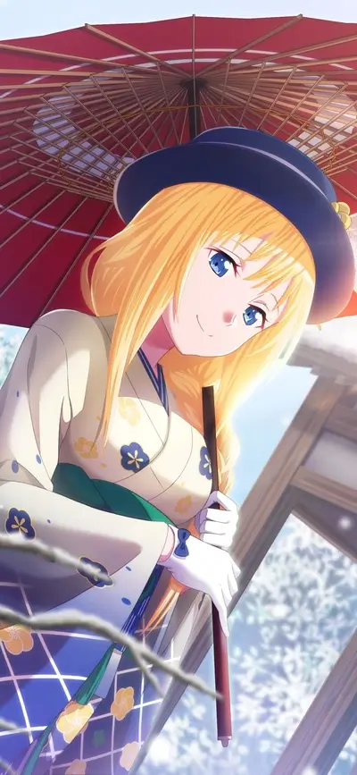 Girl in kimono under red umbrella in winter
