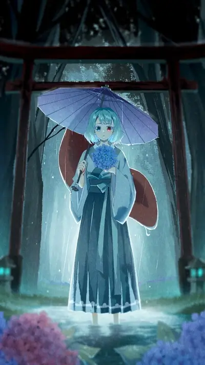 Girl in kimono under umbrella in rain