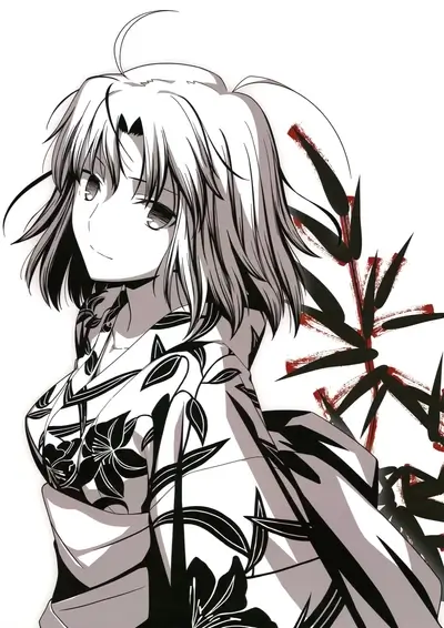 Girl in kimono with bamboo, serene monochrome portrait
