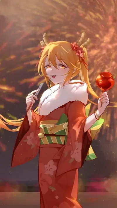 Girl in kimono with candy and fireworks
