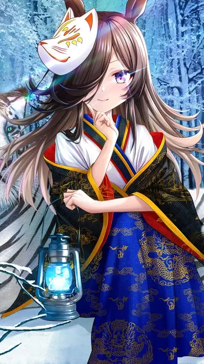 Girl in kimono with fox mask and lantern