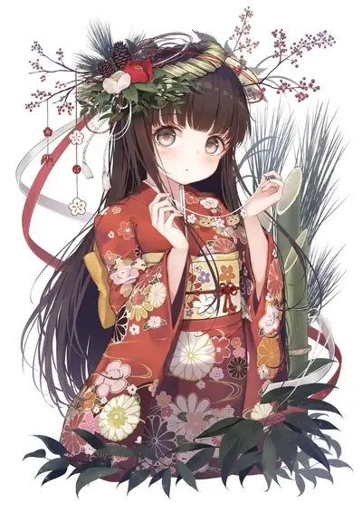Girl in kimono with New Year's decorations