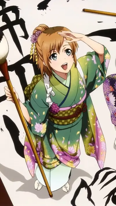 Girl in kimono with painting brush, large calligraphy in the background, looking upwards and to the right