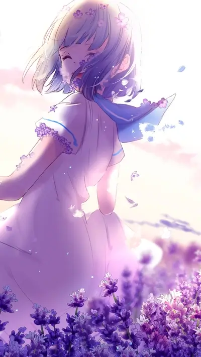 Girl in lavender field, flowers in hair, happy expression