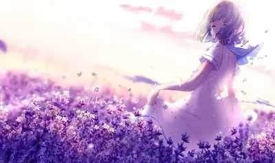 Girl in lavender field, sunset sky