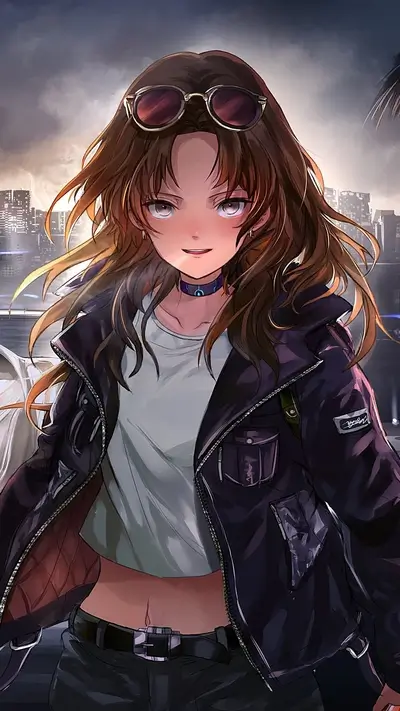 Girl in leather jacket, sunglasses, city background