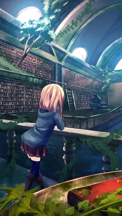 Girl in library, filled with many books, overgrown with vines and plants.