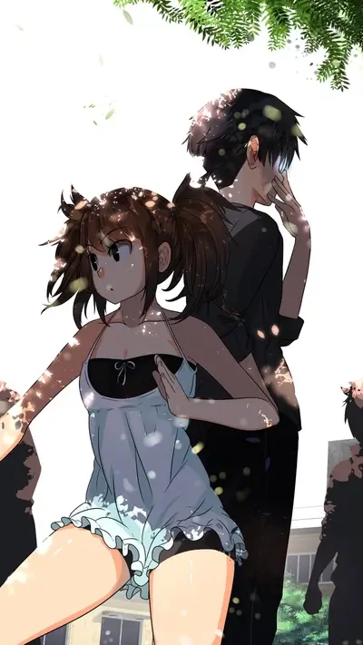 Girl in light dress and dark hair with boy looking thoughtful