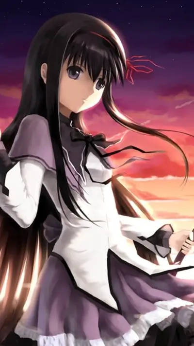 Girl in magical girl outfit sunset background