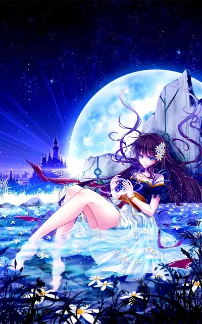 Girl in magical moonlight scene holds glowing orb, surrounded by flowers, with castle backdrop