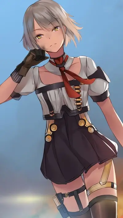 Girl in military-style outfit, short grey hair, yellow eyes