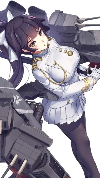 girl in military uniform near large warship