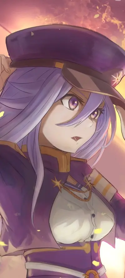 Girl in military uniform, purple hair, sunset background