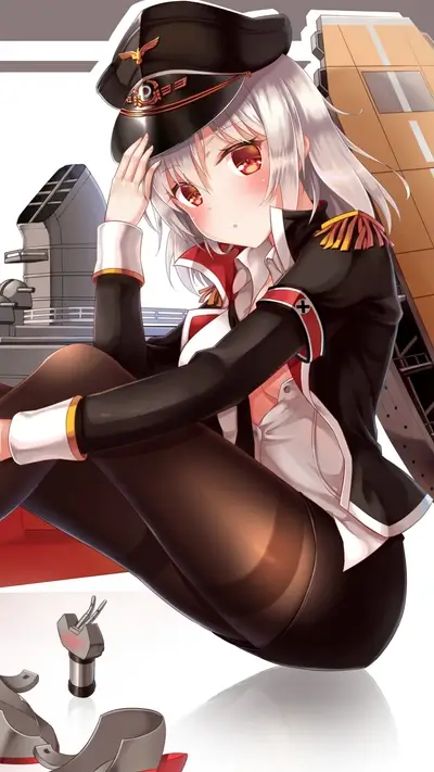 Girl in military uniform sits near a model warship