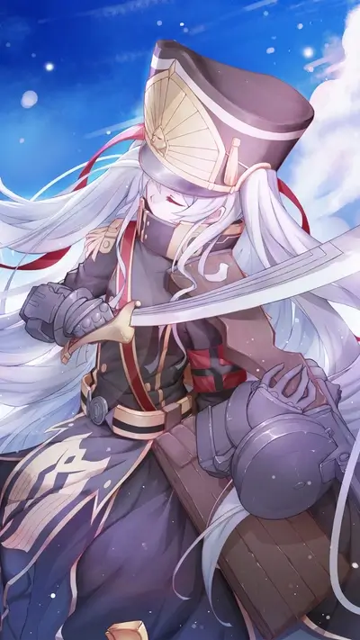 Girl in military uniform with long white hair