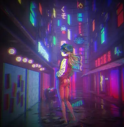 Girl in neon-lit city street at night