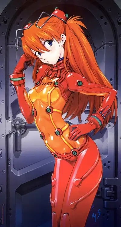 Girl in orange jumpsuit, futuristic setting
