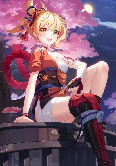 Girl in orange kimono sitting on a fence