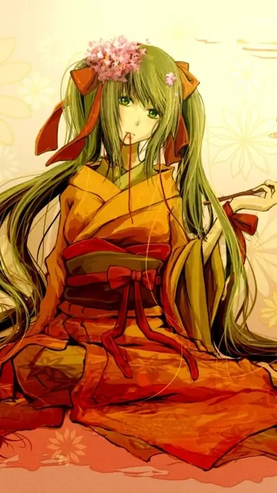 Girl in orange kimono with long green hair