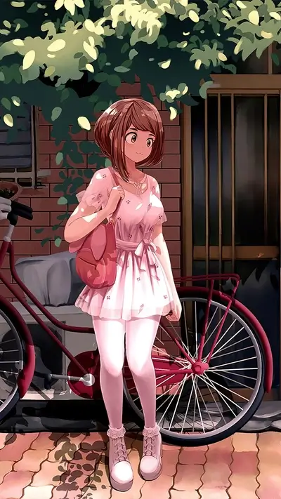 Girl in pink dress by a red bicycle