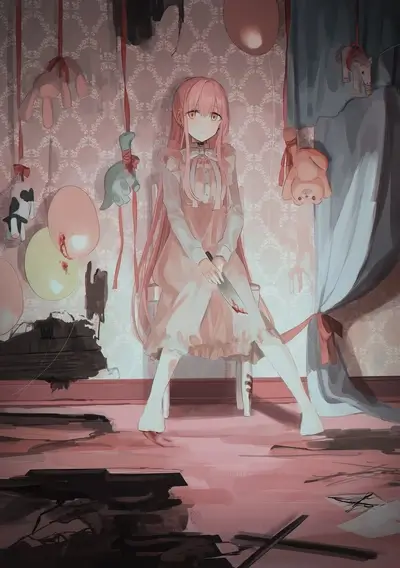 Girl in pink dress with bloody knife