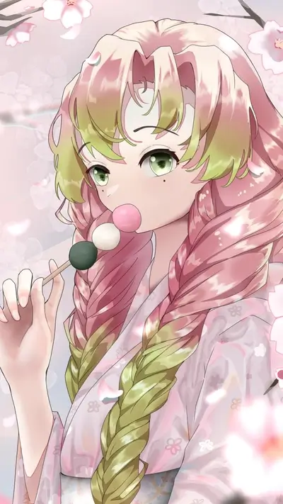 Girl in pink kimono eating dango