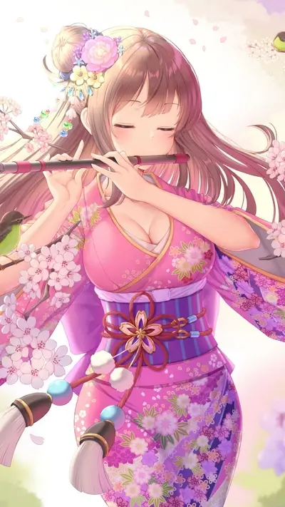Girl in pink kimono playing flute surrounded by cherry blossoms