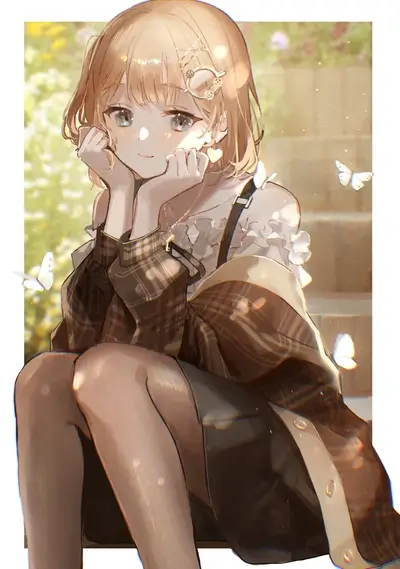 Girl in plaid jacket sits, resting chin on hands, butterflies and sunlight