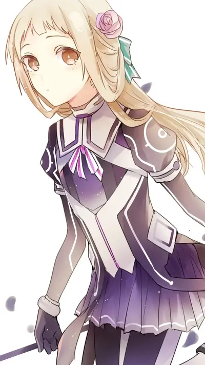 Girl in purple and gray outfit, long blonde hair, rose in hair