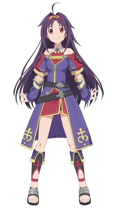 Girl in purple and red outfit, long dark purple hair