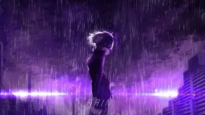 Girl in purple dress standing in rain