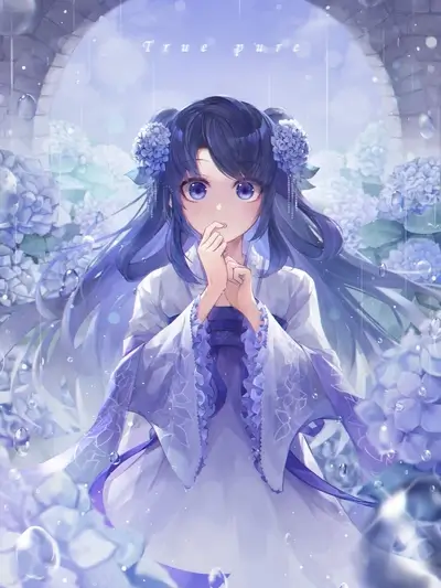 Girl in purple dress standing under rain