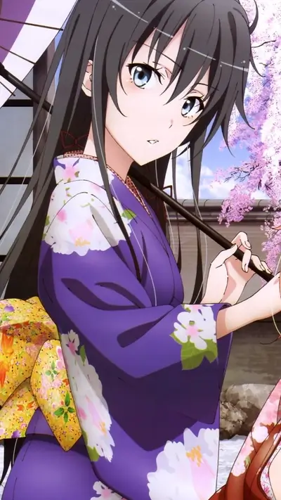 Girl in purple kimono, holding umbrella