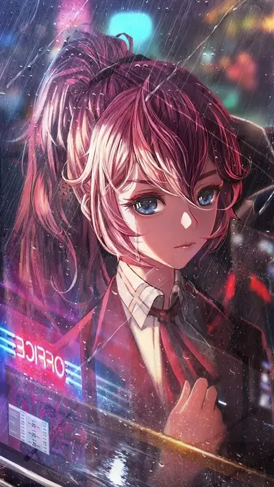 Girl in rain, city lights blurred