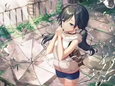 Girl in rain, holding umbrella