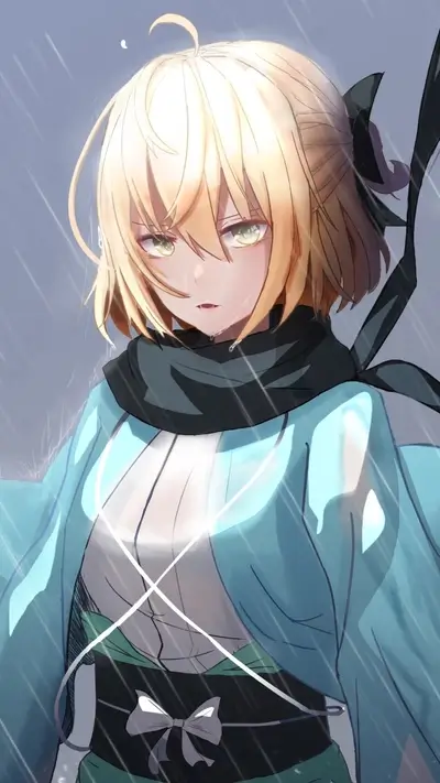 Girl in rain, sad expression, light blue kimono