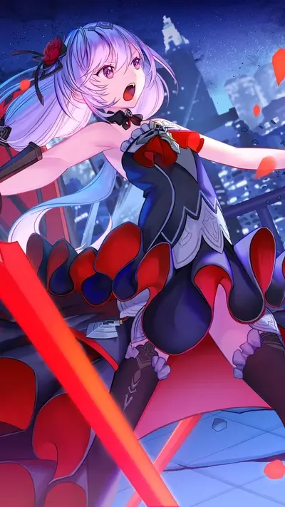 Girl in red and black dress holding two glowing red swords