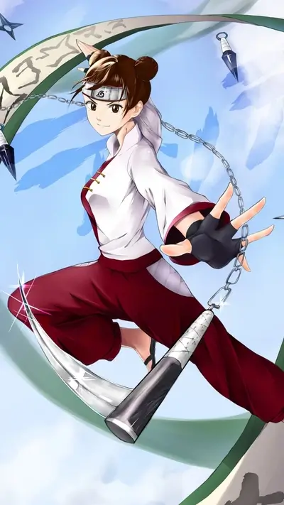 Girl in red and white outfit wielding nunchaku