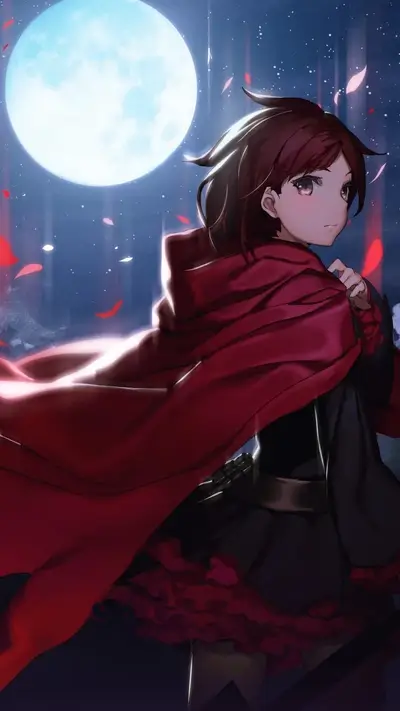 Girl in red cloak under full moon