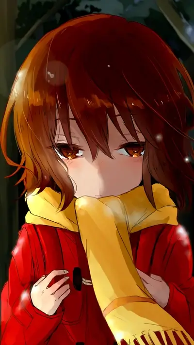 Girl in red coat and yellow scarf in snowy woods