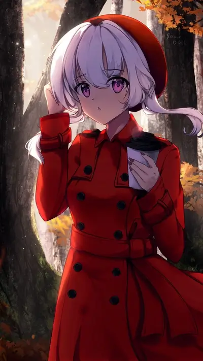Girl in red coat with coffee in fall forest
