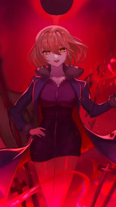 Girl in red coat with glowing eyes