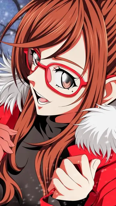 Girl in red coat with red glasses