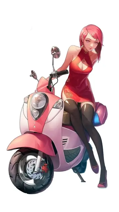 Girl in red dress on pink scooter