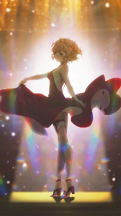 Girl in red dress, spotlight background