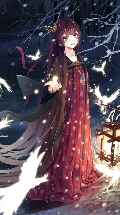 Girl in red dress with glowing birds