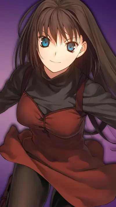 Girl in red dress with long brown hair and blue eyes