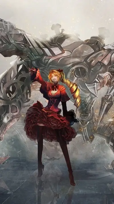 Girl in red dress with mechanical background