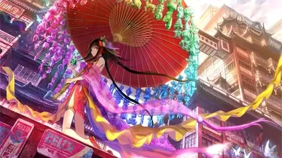 Girl in red dress with umbrella and colorful ornaments