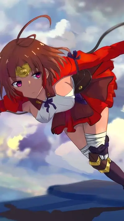 Girl in red flying through the sky